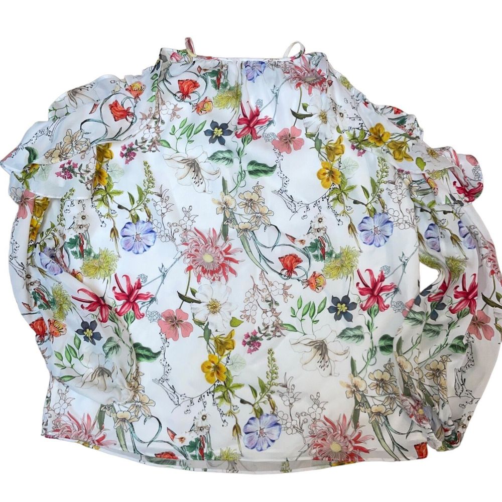 Parker S Floral Cold Shoulder 100% Silk Ruffle Sleeve Top - Picture 3 of 5